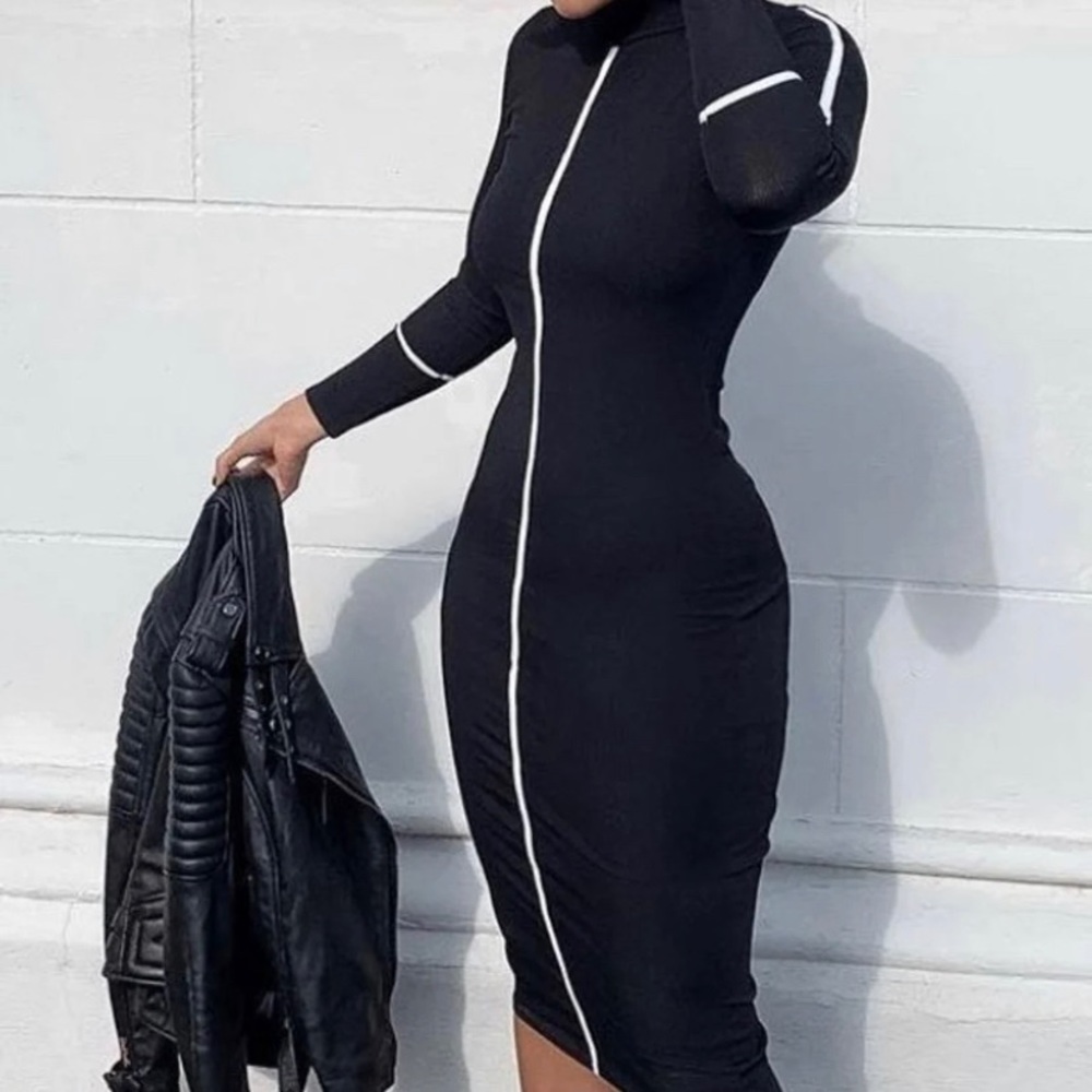 Black Contrast Stripe Detail High Neck Midi Dress